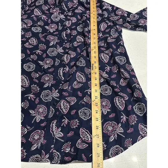 Woman Within Button Up Top L 18/20 Blue Floral 3/4 Sleeves Cotton Mature Casual - Picture 7 of 7